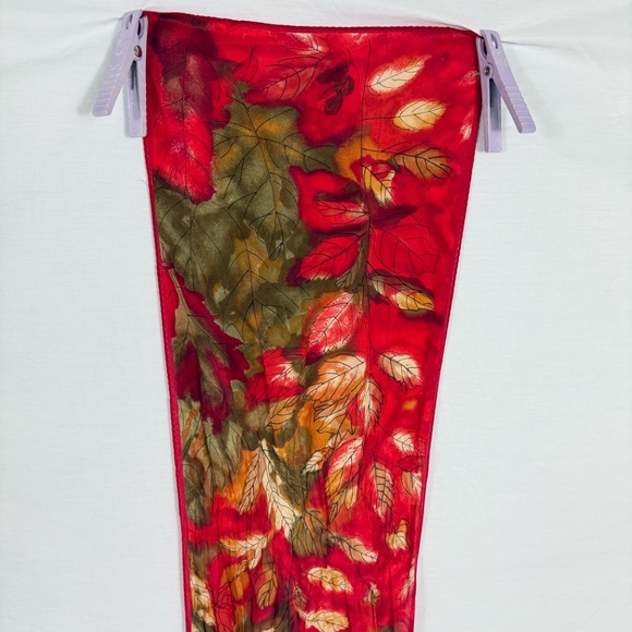 Vera Ibiza Silk Red Scarf With Gold and Green Leaves 52" Long - Picture 6 of 10